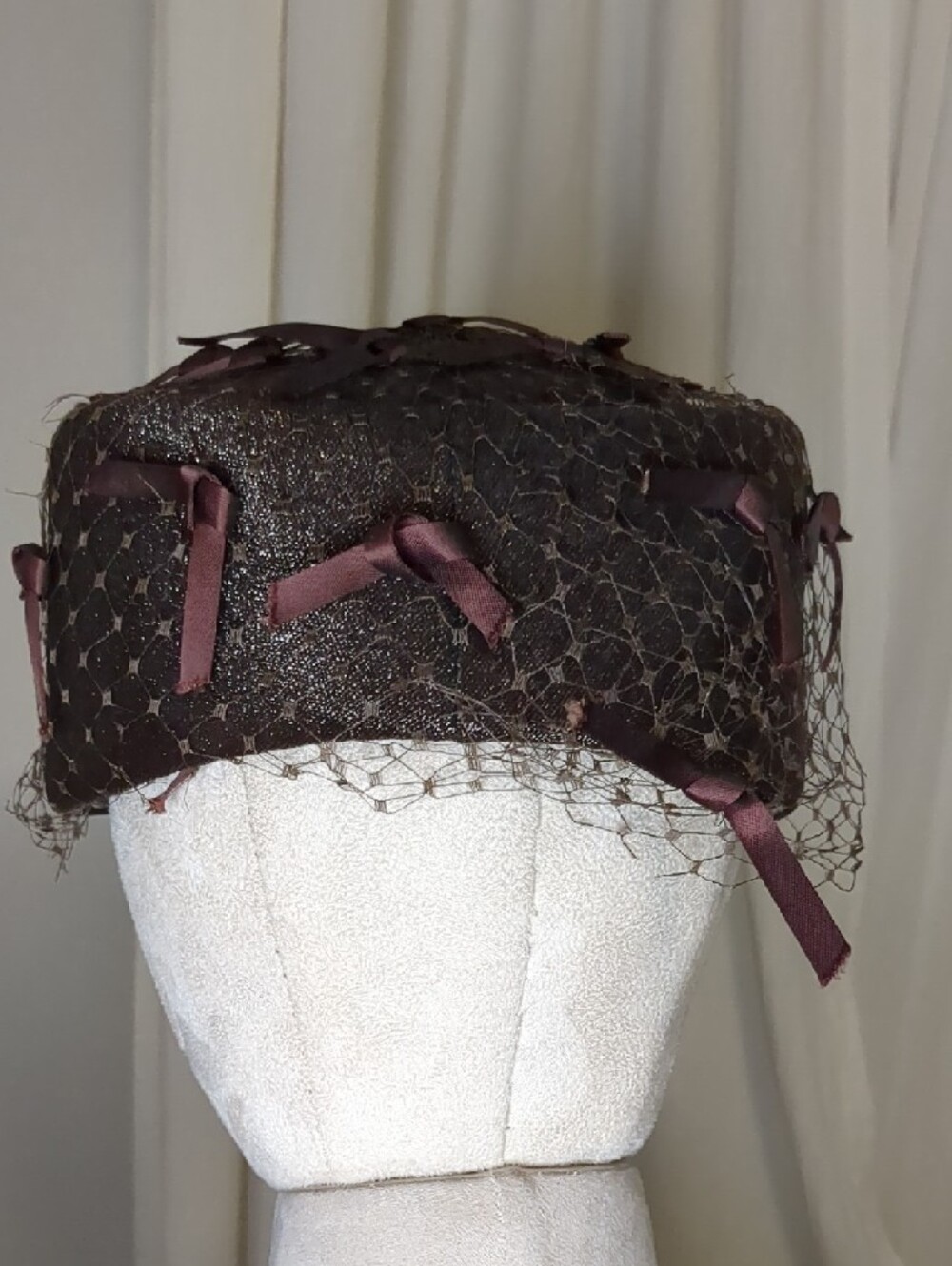 Vintage 50s Joseph Magnin Pillbox Hat Brown Netted W/ Bows Elegant Mid Century - Picture 7 of 14
